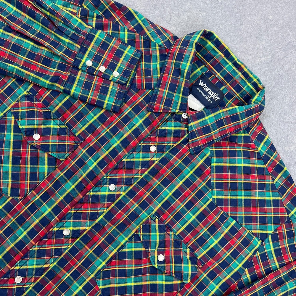 VTG Wrangler Shirt Mens XL Multicolor Plaid Pearl Snap Western Long Sleeve Color
